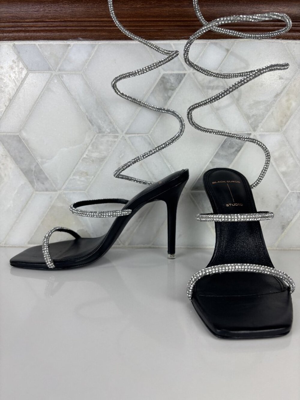 7.5 Black Suede Studio Leather Jewel Square Toe Serpent Wrap Gladiator Heel Pump